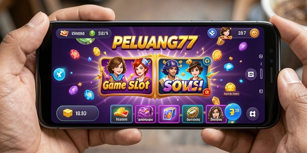 Screenshot gameplay PELUANG77 yang menampilkan mesin Slot yang penuh warna.