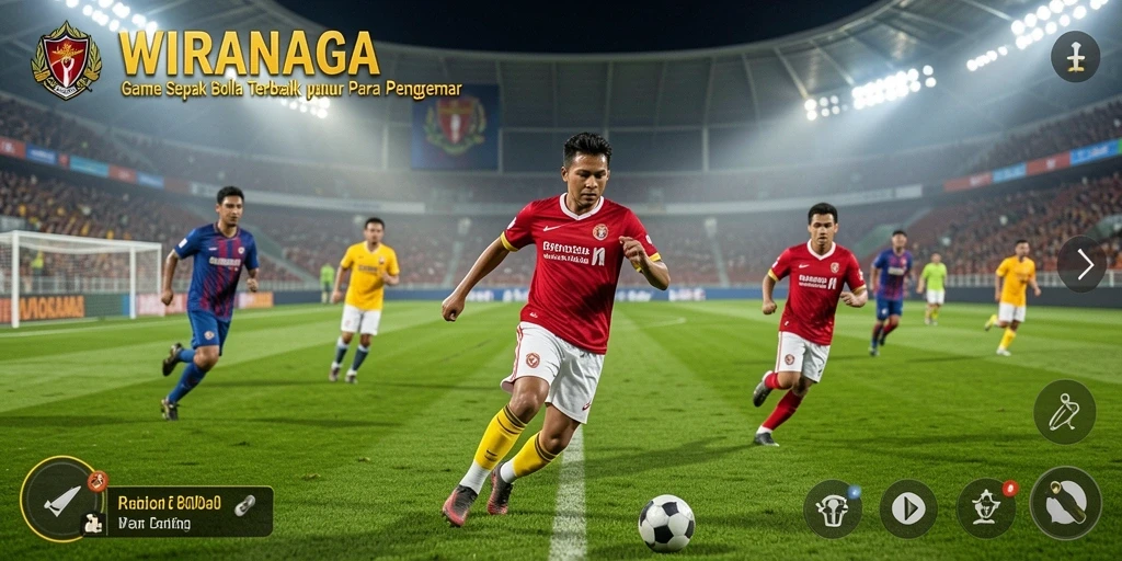 Screenshot gameplay WIRANAGA menampilkan aksi sepak bola yang mendebarkan.